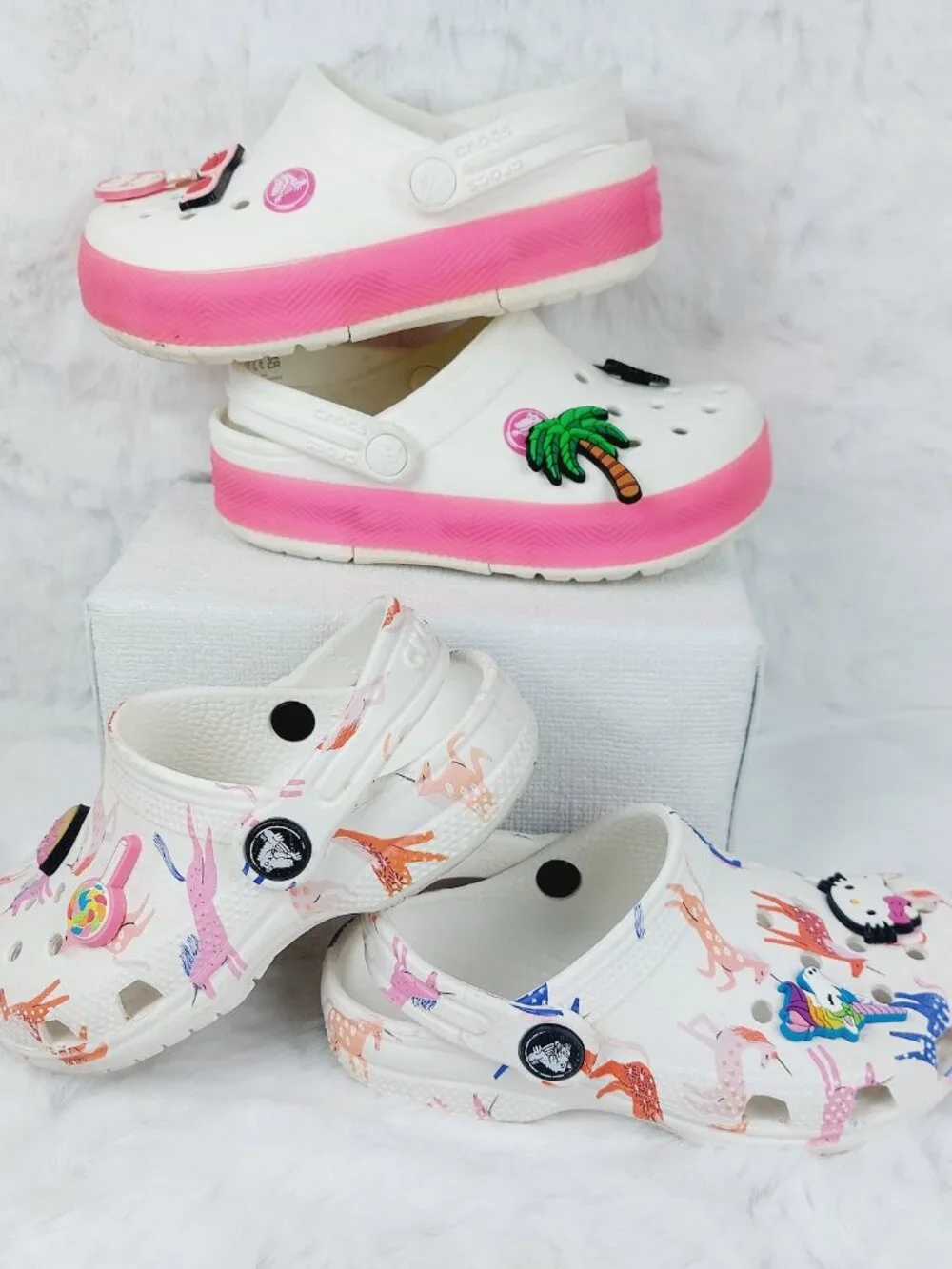 Set Of 2 Crocs Girl's White Pink Classic Platform Slip-On Casual Clogs Size 10